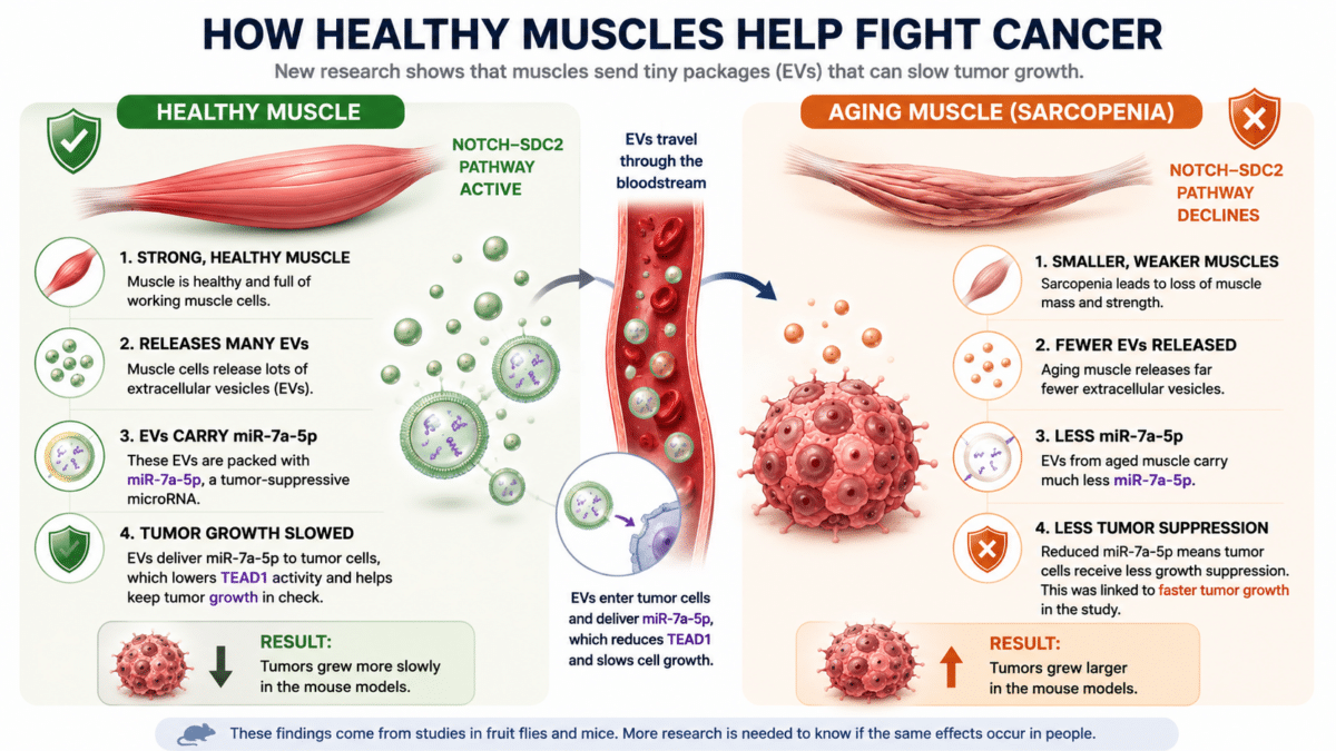 Infographic comparing healthy muscle and aging muscle, showing how muscle-derived extracellular vesicles carrying miR-7a-5p help slow tumor growth and how this protection declines with age.