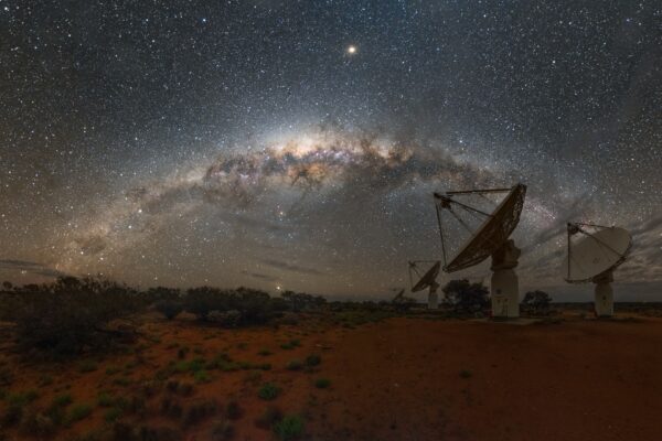 The ASKAP radio telescope at Inyarrimanha Ilgari Bundara, the CSIRO Murchison Radio-astronomy Observatory on Wajarri Yamaji Country in Western Australia.