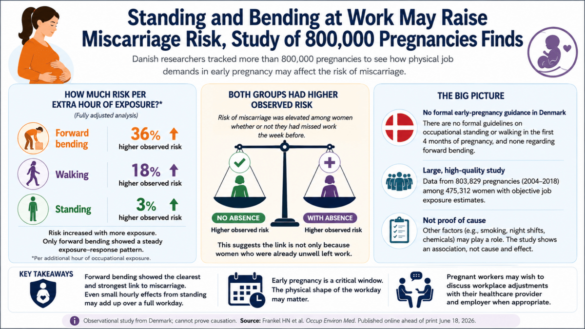 Infographic summarizing a Danish study of more than 800,000 pregnancies showing that workplace activities such as forward bending, walking, and prolonged standing were associated with higher miscarriage risk, with forward bending showing the strongest link.