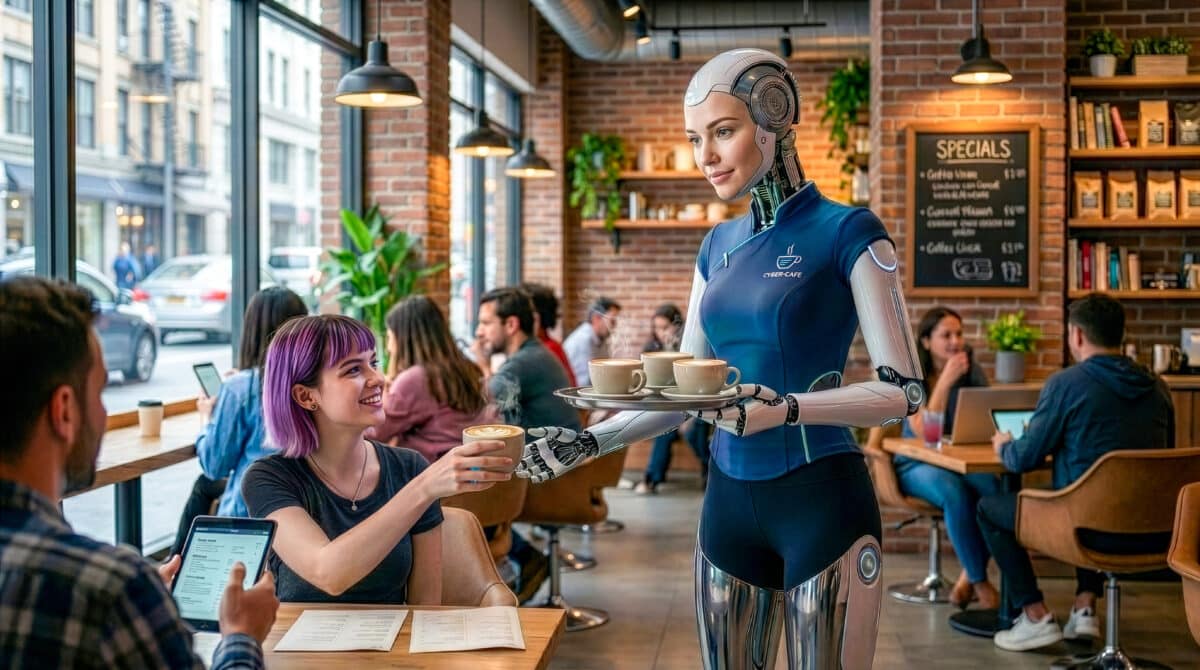 Female humanoid serving coffee in a cafeteria