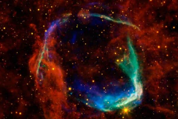 This image combines data from four space telescopes to create a multi-wavelength view of all that remains of RCW 86, the oldest documented example of a supernova.