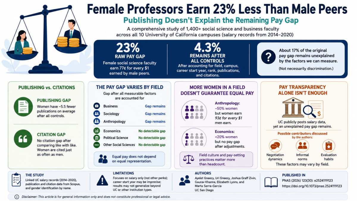 Infographic summarizing a University of California study showing female social science professors earned 23% less than male peers, with a 4.3% adjusted pay gap remaining after accounting for measurable factors.