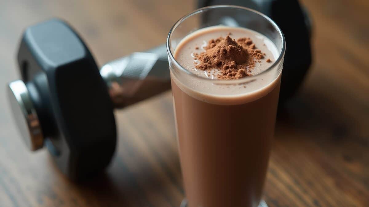 Protein powder for muscle gain. A jar of chocolate protein shake sits on a wooden table beside a dumbbell, with protein powder sprinkled on top of the jar.
