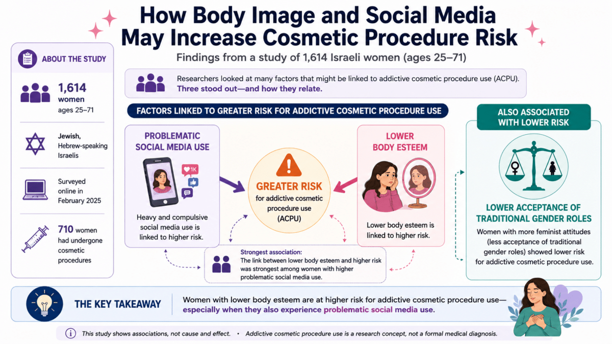 Infographic showing how problematic social media use and low body esteem were linked to greater risk of addictive cosmetic procedure use in a study of 1,614 Israeli women.