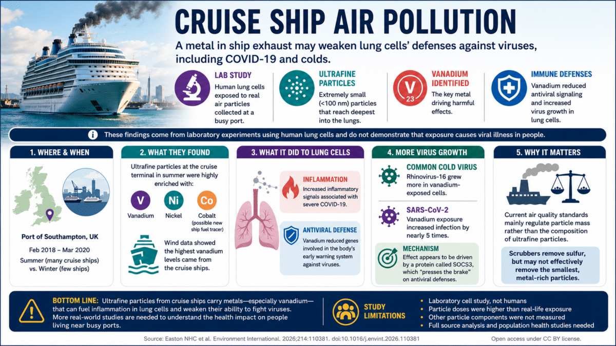 Infographic explaining how ultrafine particles from cruise ship exhaust, particularly the metal vanadium, may weaken lung cells' antiviral defenses in laboratory experiments, with findings from research at the Port of Southampton.