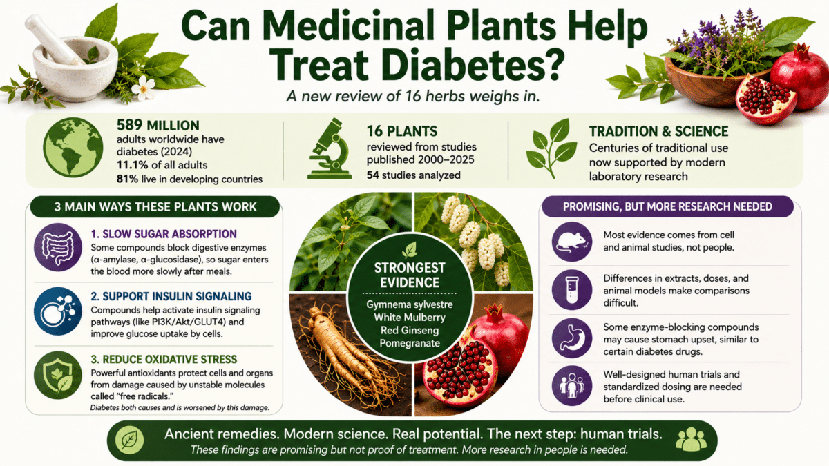 Infographic summarizing a review of 16 medicinal plants for diabetes, highlighting how they may work, the plants with the strongest evidence, and why human clinical trials are still needed.