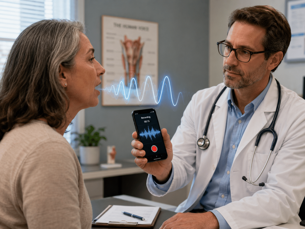 AI-generated image shows patient recording voice clip at doctor's office.