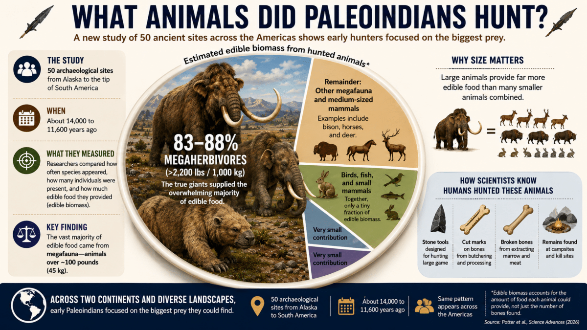 Infographic summarizing a study of 50 archaeological sites showing that early Paleoindians primarily hunted megaherbivores such as mammoths, with 83 to 88 percent of edible biomass coming from giant animals.