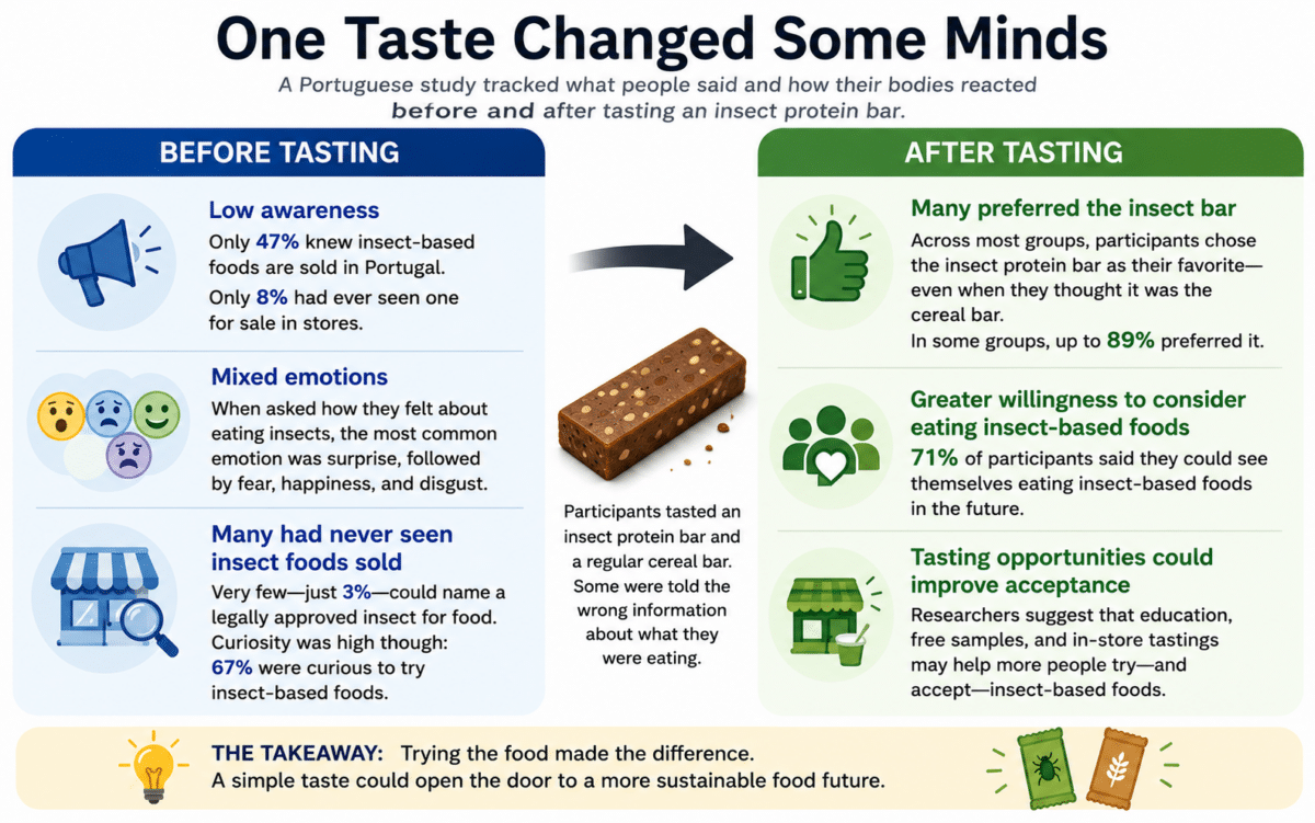 Infographic comparing attitudes toward insect protein bars before and after tasting, showing increased preference and willingness to eat insect-based foods.