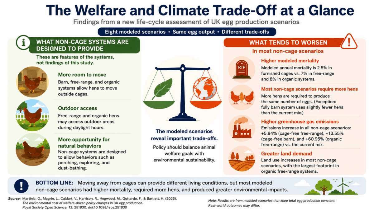 Infographic comparing welfare features of non-cage egg systems with higher modeled mortality, emissions, hen numbers, and land use.