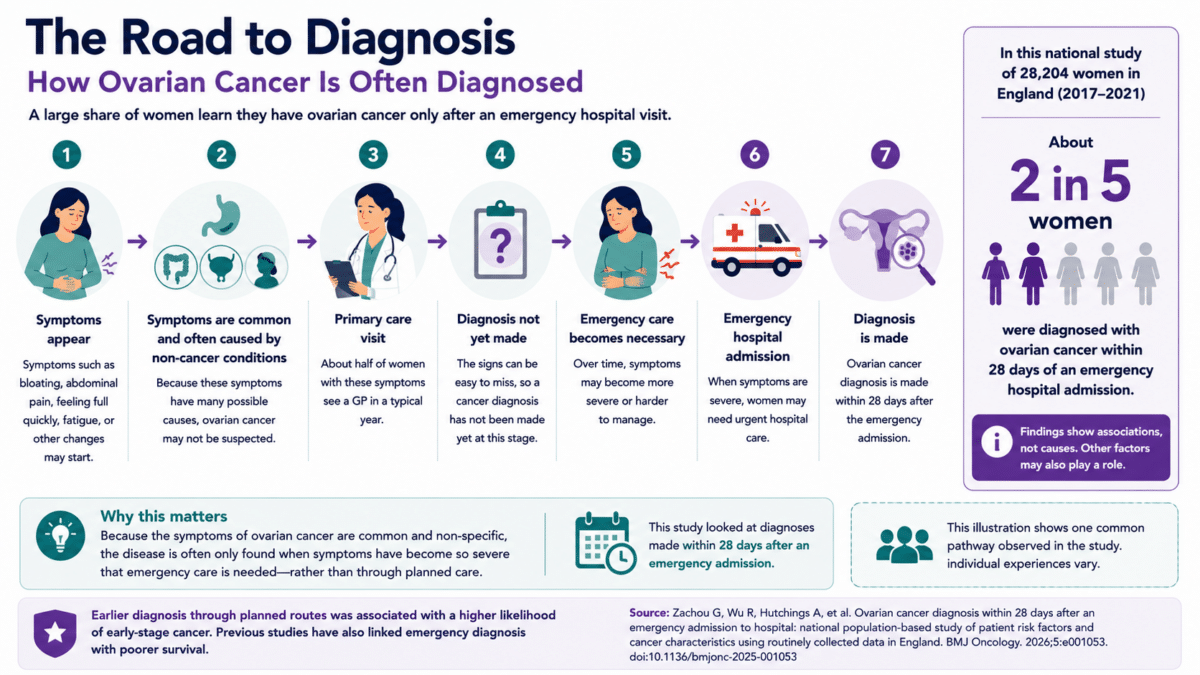 Infographic showing a common pathway to ovarian cancer diagnosis, from early symptoms and primary care visits to emergency hospital admission and diagnosis, based on a study of 28,204 women in England.