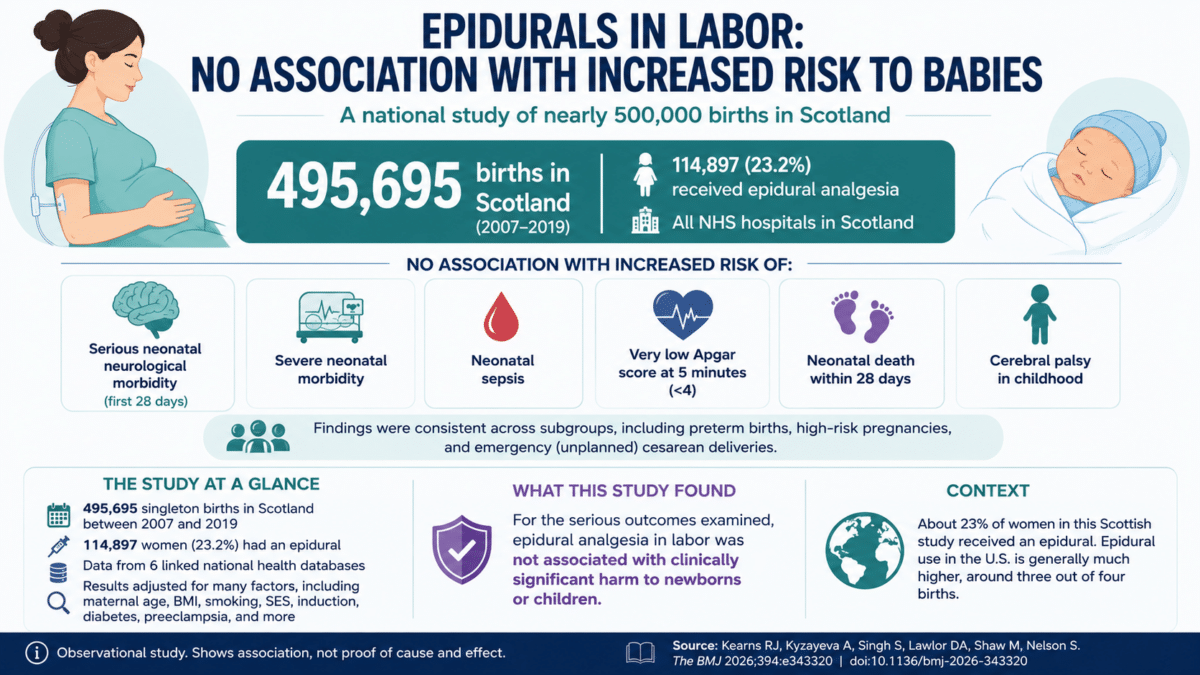Infographic summarizing a large Scottish study showing that epidural pain relief during labor was not linked to a higher risk of serious neurological problems or cerebral palsy in newborns.