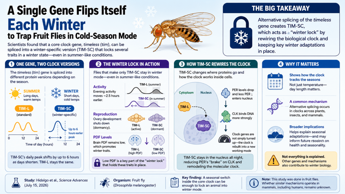 Infographic showing how a winter-specific version of the fruit fly timeless gene, TIM-SC, rewires the circadian clock to lock flies into a winter state, affecting activity, reproduction, and seasonal biology. Based on Hidalgo et al., Science Advances (2026).