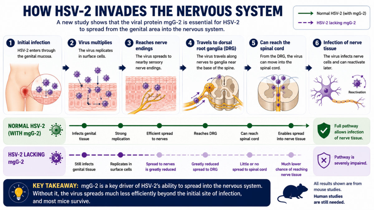 Infographic showing how HSV-2 spreads from genital tissue into the nervous system and how removing the viral protein mgG-2 greatly reduces that spread in mouse studies.