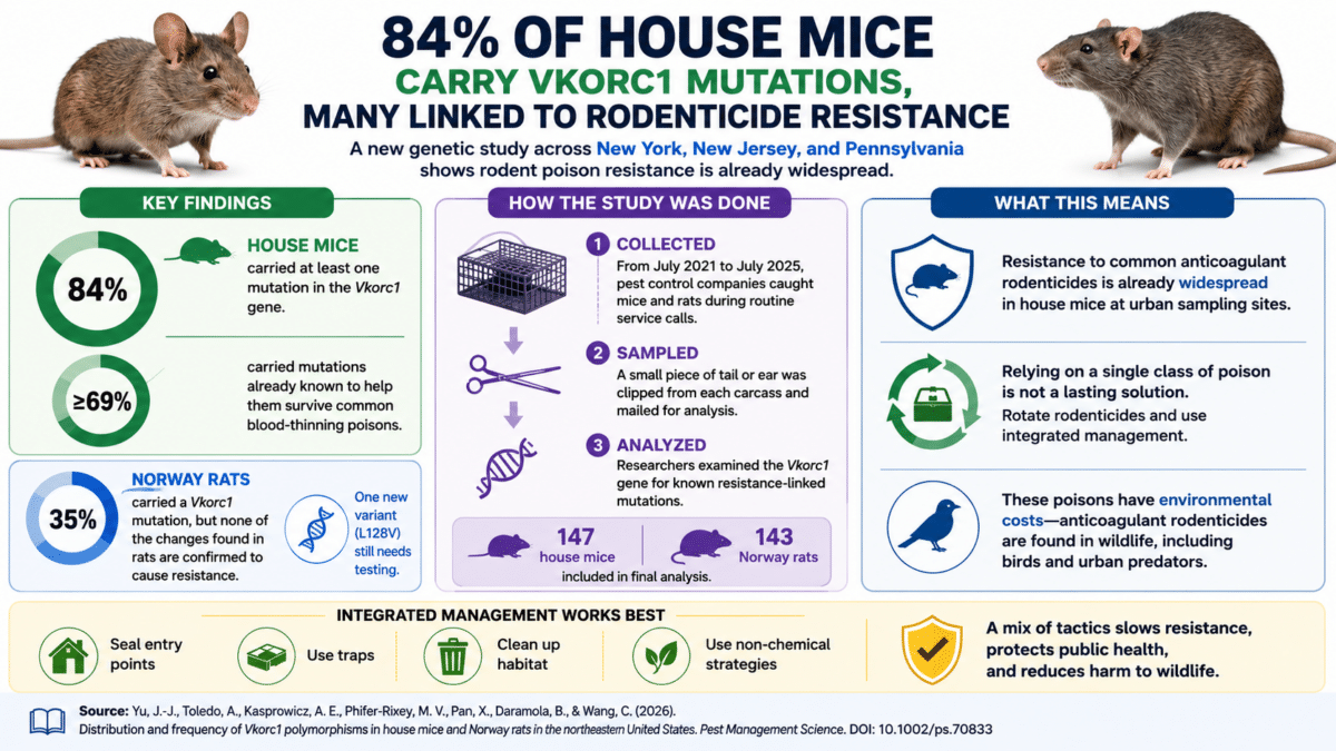 Infographic summarizing a study of rodents in the northeastern U.S. showing that 84% of house mice carried Vkorc1 gene mutations, many linked to resistance to anticoagulant rodenticides, with key findings, study methods, and integrated pest management recommendations.