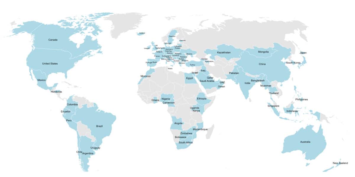 The countries marked in blue show the 77 countries in which the international online study on intertemporal decision-making behavior is being conducted.