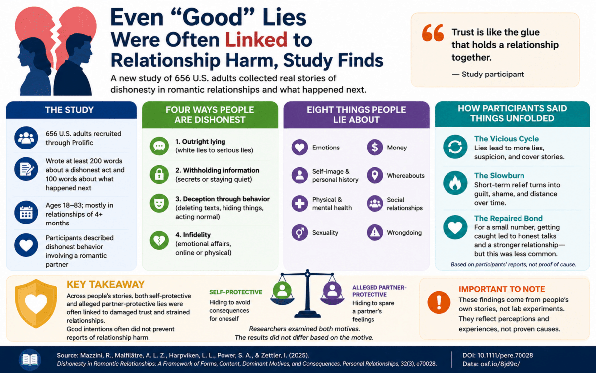 Infographic summarizing a study of 656 U.S. adults finding that both self-protective and partner-protective lies in romantic relationships were often linked to damaged trust, relationship strain, and ongoing cycles of dishonesty.