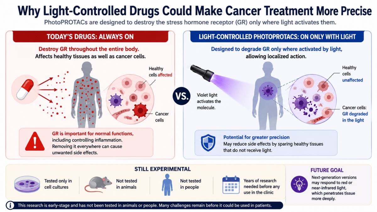 Comparison infographic showing how conventional cancer drugs affect tissues throughout the body versus experimental light-activated PhotoPROTAC drugs that are designed to destroy the glucocorticoid receptor only where illuminated, potentially reducing harm to healthy cells.
