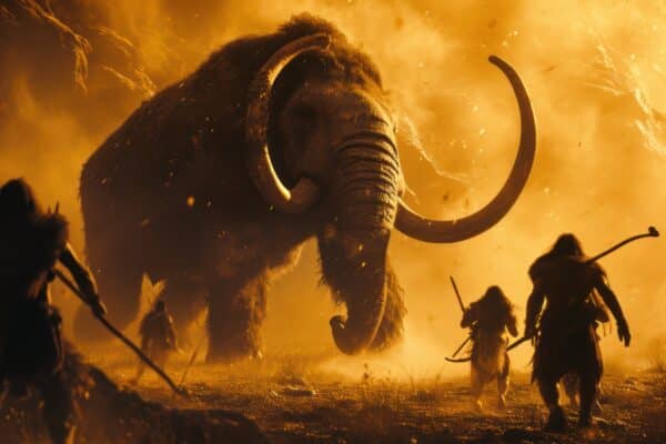 AI rendering of early humans hunting mammoth