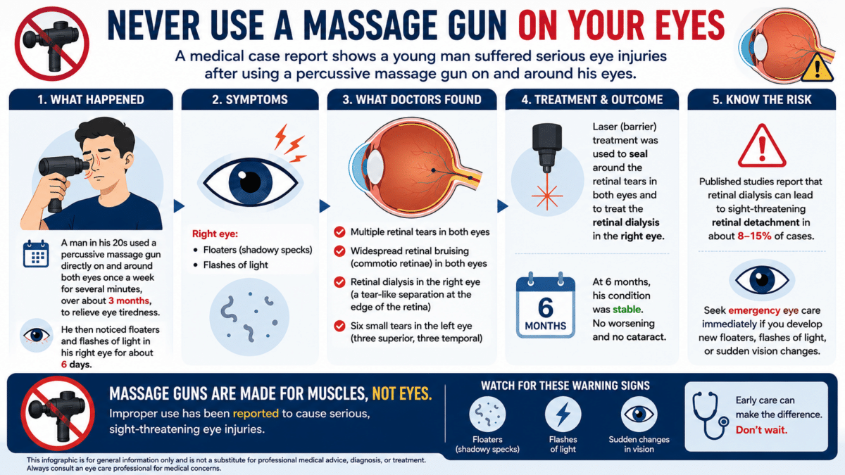 Infographic warning against using a massage gun on or around the eyes, explaining a medical case of retinal tears and retinal dialysis, symptoms to watch for, treatment, and when to seek emergency eye care.