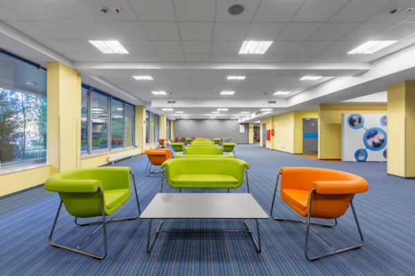 Modern office with colorful lounge