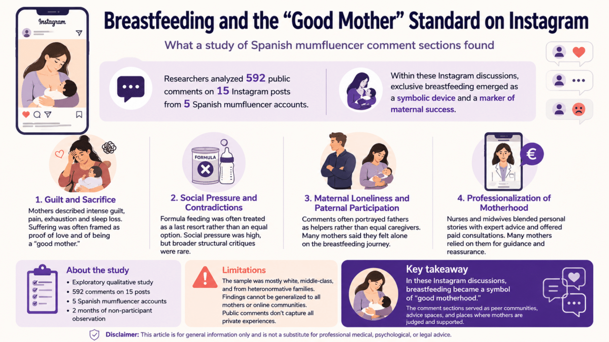 Infographic summarizing a study of Spanish Instagram mumfluencer comments, showing how breastfeeding was often linked to ideals of "good motherhood," with themes of guilt, social pressure, fathers' roles, and the commercialization of motherhood.