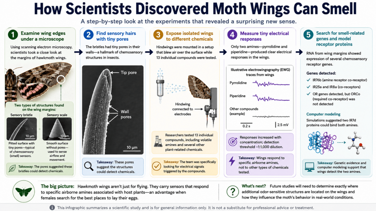 Infographic showing how scientists discovered that hawkmoth wings can detect specific airborne amines by combining microscopy, electrical recordings, genetic analysis, and computer modeling.