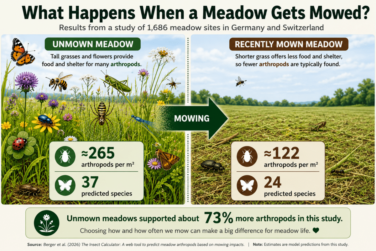 Infographic comparing unmown and recently mown meadows, showing that unmown meadows supported about 265 arthropods per square meter and 37 predicted species, compared with about 122 arthropods and 24 species in recently mown meadows.