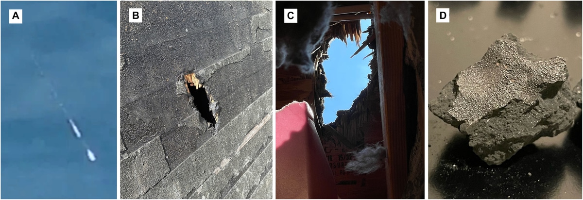 Fig. 1. Impact and recovery of Hillsborough.
(A) The daytime meteor with wake in an enhanced single video frame from Northford, CT. (B) The impact site in Hillsborough (roof tile width, 14 cm). (C) View of the impact site from inside. (D) Meteorite fragment with fusion crust.