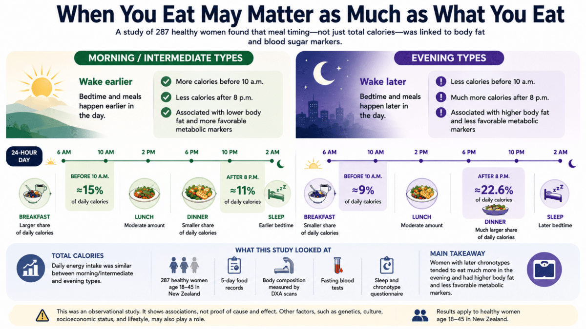 Infographic comparing morning/intermediate and evening chronotypes, showing that women who ate more of their calories after 8 p.m. tended to have higher body fat and less favorable metabolic markers than those who ate earlier.