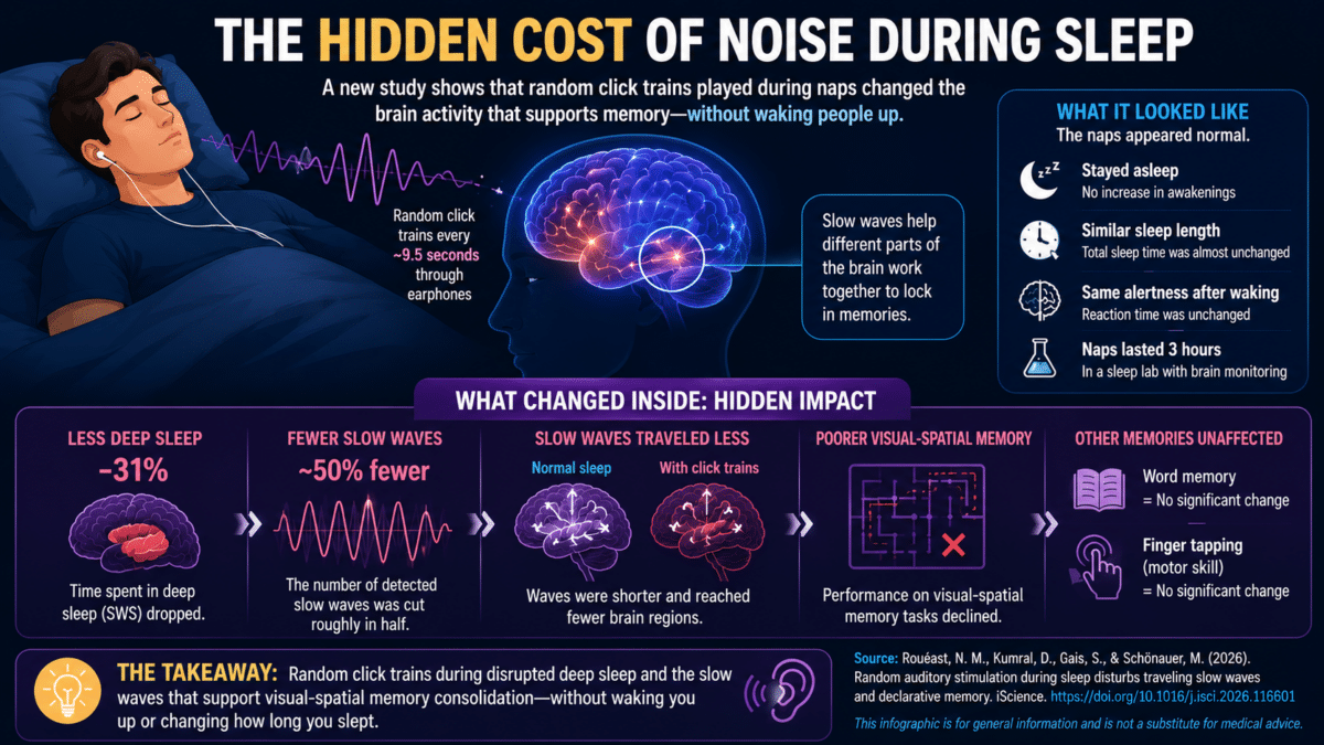 Infographic showing how random click trains during sleep reduced deep sleep and slow waves, worsening visual-spatial memory.