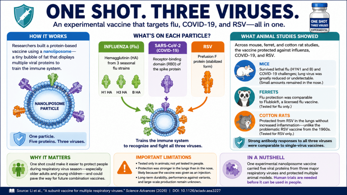 Infographic explaining an experimental combination vaccine that targets influenza, COVID-19, and RSV using nanoliposome particles, with diagrams showing how it works, animal study results, key limitations, and the need for human clinical trials.