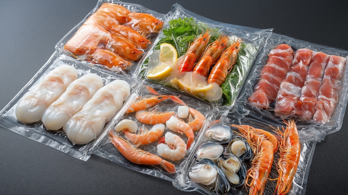 Assortment of vacuum-sealed seafood including shrimp, fish fillets, and scallops