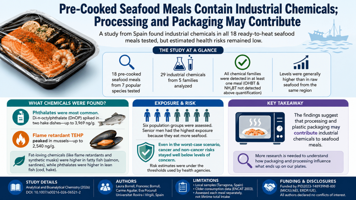 Infographic summarizing a Spanish study showing industrial chemicals were detected in 18 pre-cooked seafood meals, likely influenced by processing and packaging, while estimated health risks remained low.