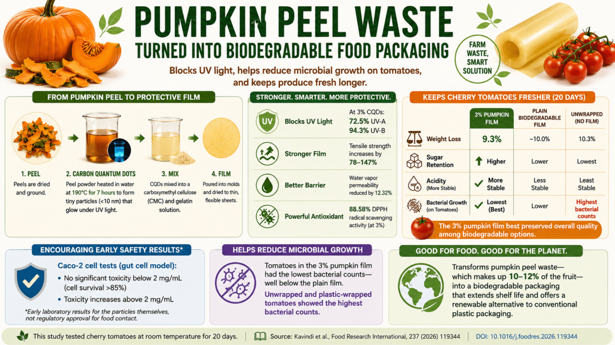 Infographic showing how pumpkin peel waste is converted into biodegradable food packaging that blocks UV light, reduces bacterial growth, and helped keep cherry tomatoes fresher for up to 20 days compared with plain biodegradable film or no packaging.