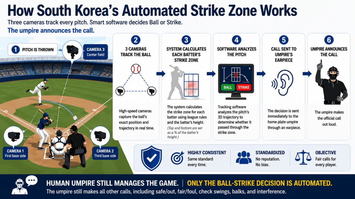 Infographic showing how baseball's Automated Ball-Strike (ABS) system affected players after its introduction in the Korea Baseball Organization. High-status batters saw declines in walks, on-base percentage, and plate discipline, while pitchers showed no status-related changes.