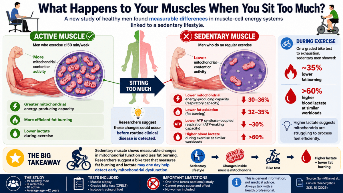 Infographic comparing active and sedentary muscle, showing lower mitochondrial function, reduced fat burning, and higher lactate levels linked to a sedentary lifestyle.