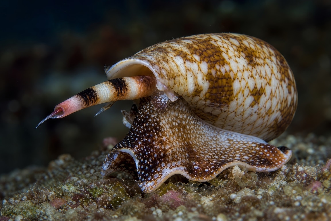 Cone snail crawls along an ocean reef. Venomous sea mollusk found in Australian waters. Dangerous marine organism with a patterned shell. Aquatic wildlife nature photography concept.