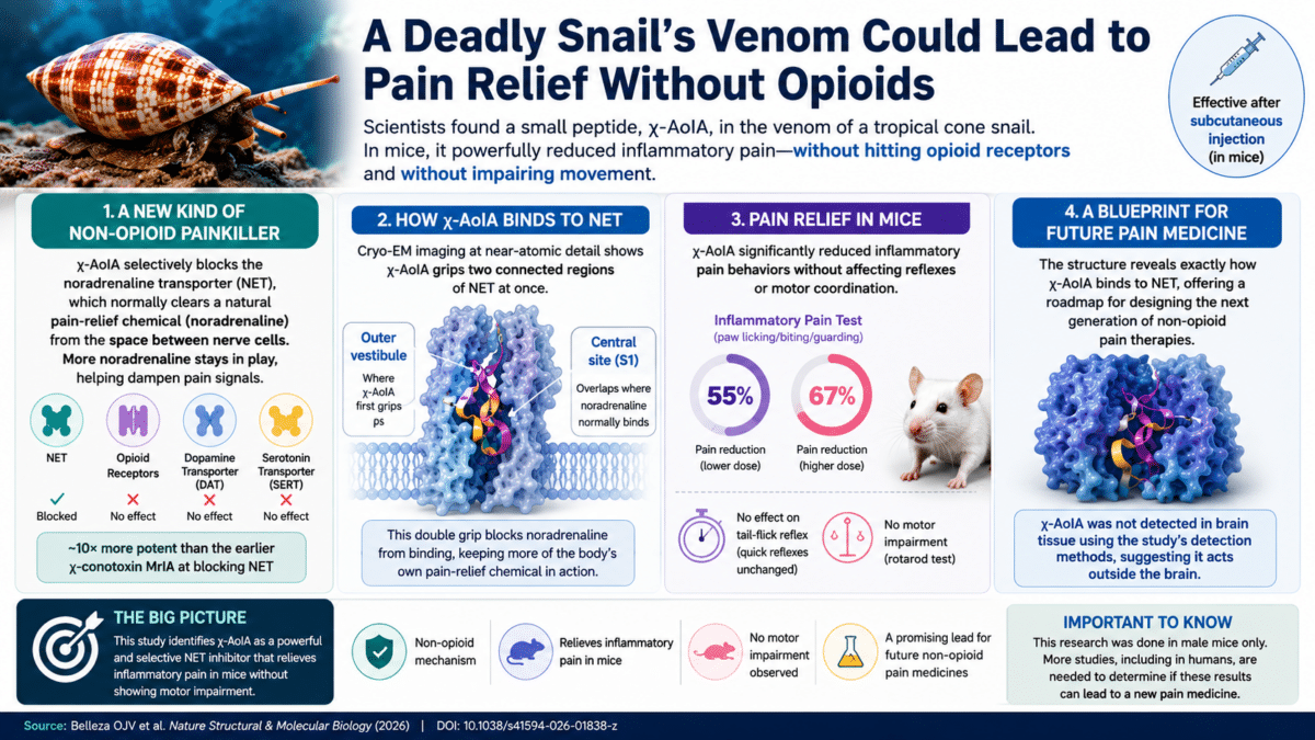 Infographic explaining how a peptide from tropical cone snail venom blocks the noradrenaline transporter (NET) to relieve inflammatory pain in mice without targeting opioid receptors or impairing movement.