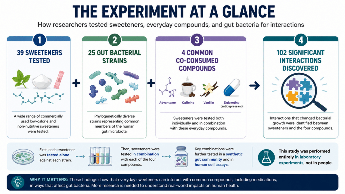 Infographic illustrating the laboratory workflow researchers used to test 39 sweeteners, 25 gut bacterial strains, and four common compounds, resulting in 102 significant sweetener-compound interactions.