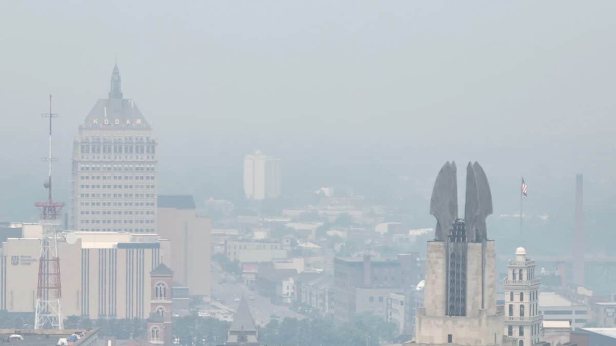Dense smoke from Canadian wildfires blankets downtown Rochester, New York.