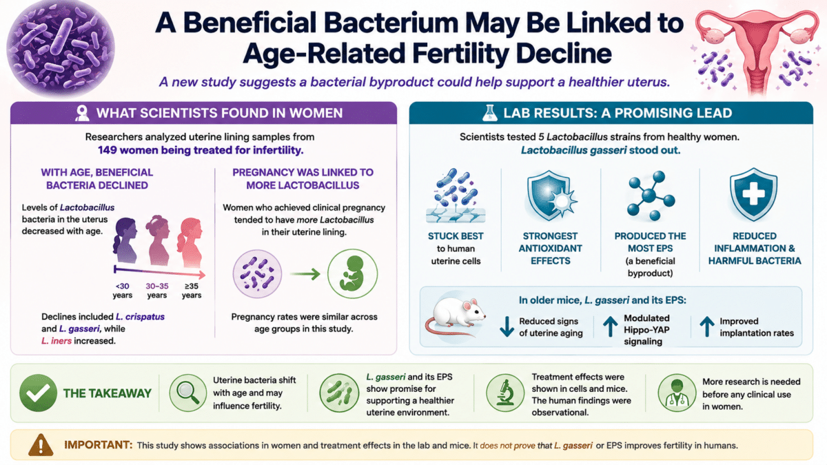 Infographic showing age-related changes in uterine Lactobacillus and lab findings for L. gasseri and its EPS byproduct.

Caption: Uterine Lactobacillus declined wi
