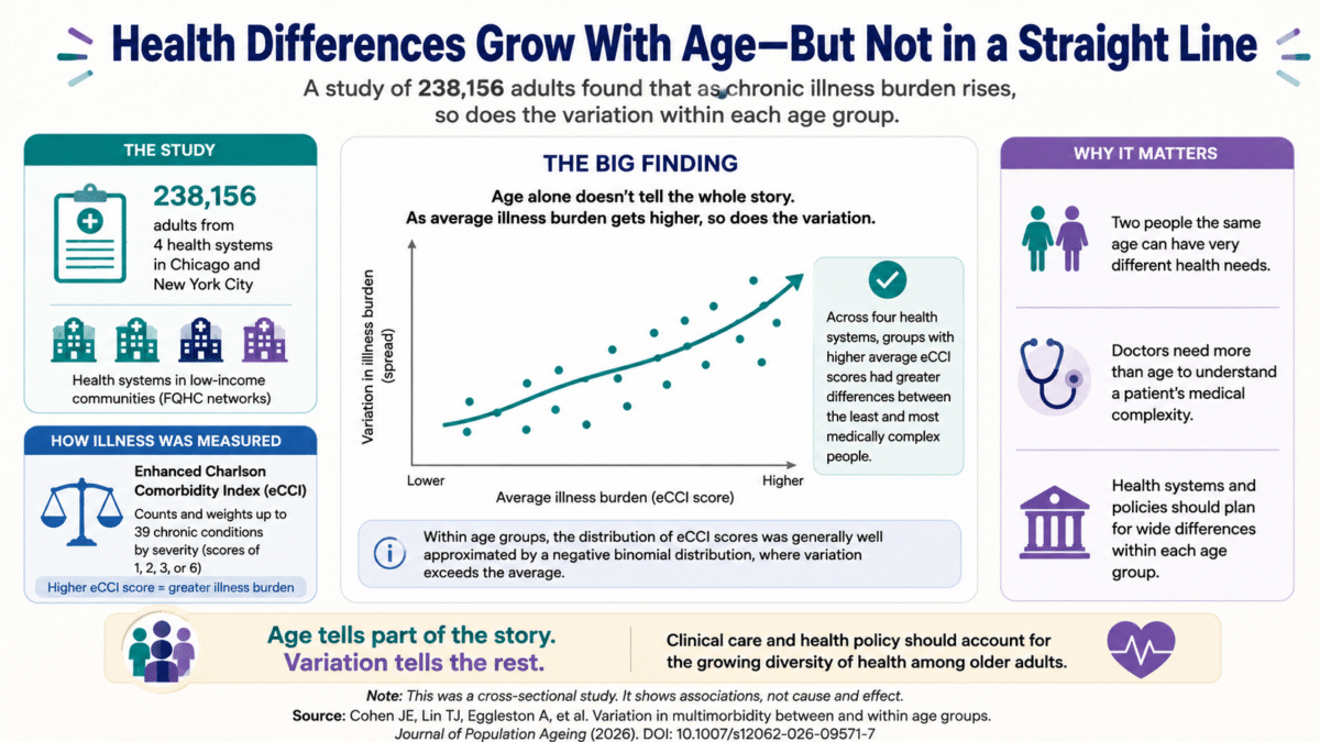 Infographic showing that chronic illness burden and health differences generally increase with age, based on 238,156 adults.