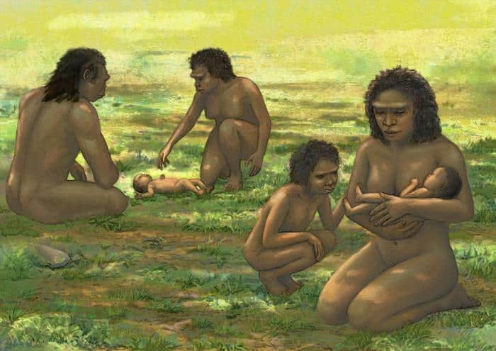 Illustration of Homo erectus mother holding helpless newborns in arms,  sharing the care with the father and other group members. Laying newborns with immature heads and neck muscles on the ground can cause deformational plagiocephaly.