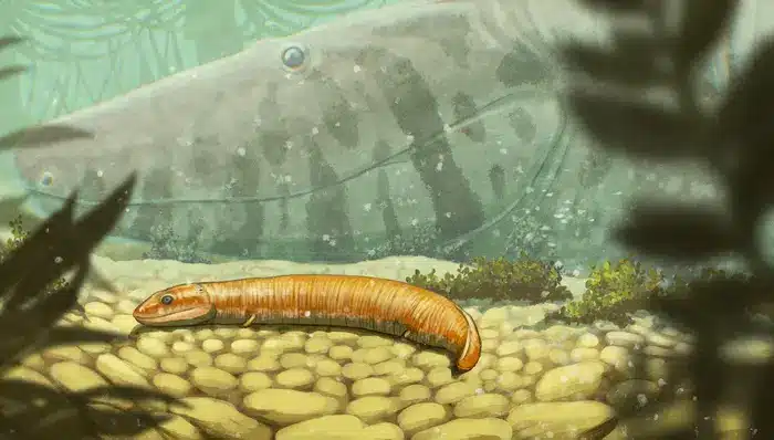 Illustration showing a baby embolomere, with an adult in the background.