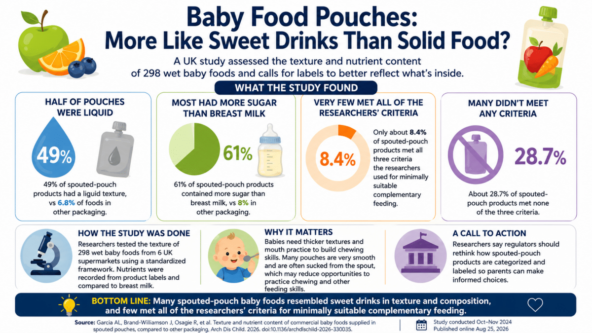 Infographic showing UK study findings on baby food pouches, including liquid texture, sugar content, and complementary feeding criteria.