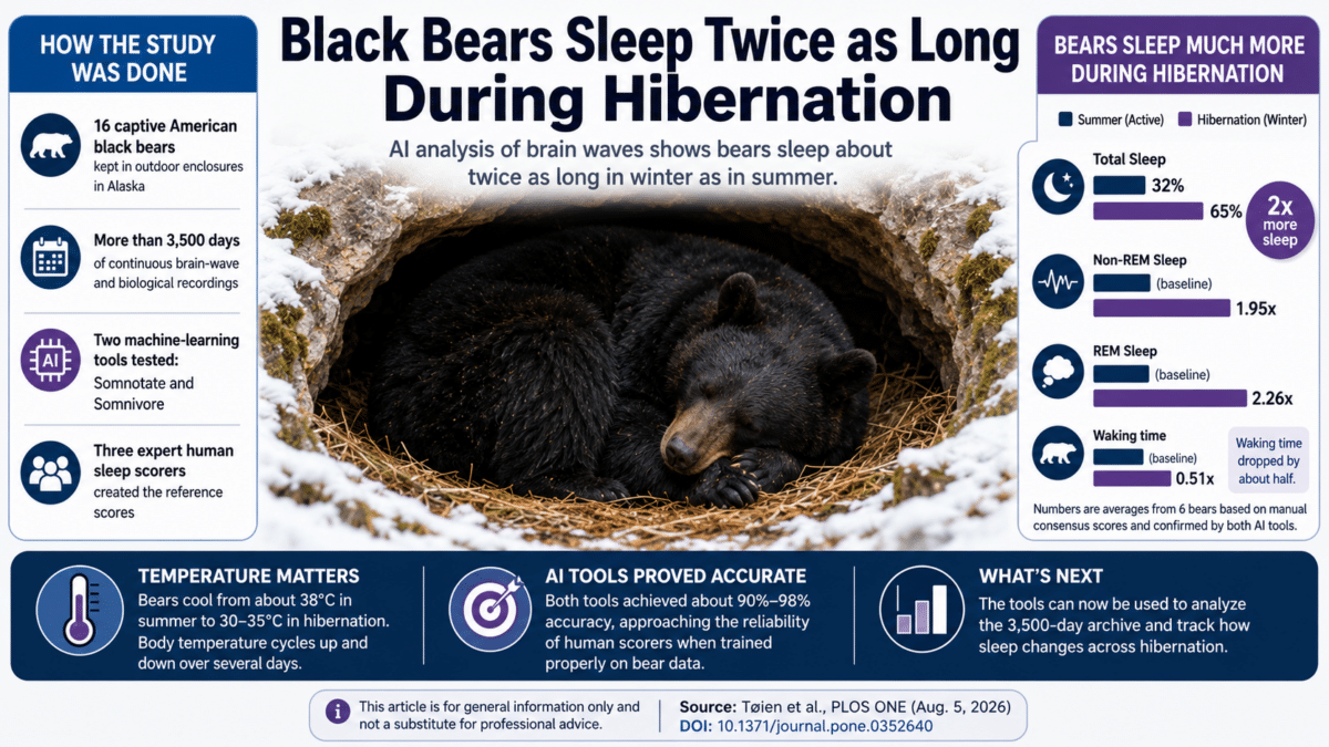 Infographic showing black bears sleep about twice as long during hibernation, based on brain-wave analysis.