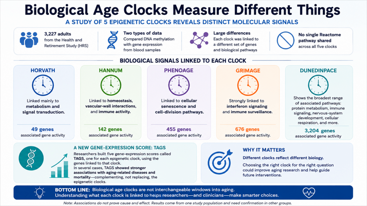 Infographic comparing five biological age clocks and the different gene activity and biological pathways linked to each.