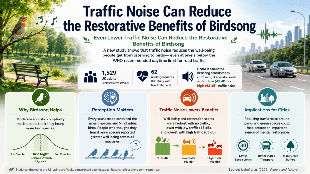 Infographic showing how traffic noise can reduce the restorative benefits of birdsong, based on a UK study of 1,529 adults and 62 students.