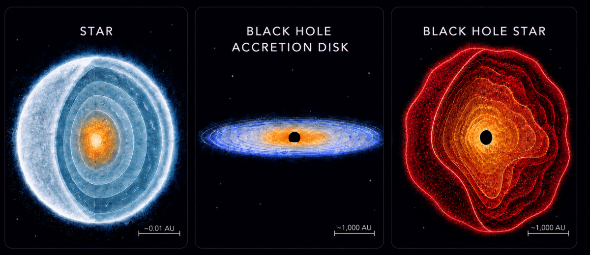 Black Hole Stars (right) represent a new kind of astrophysical object — black holes enshrouded in dense gas such that they effectively radiate in a star-like manner.
